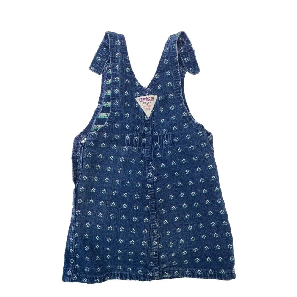 OshKosh B'Gosh Denim Overall Dress Blue Floral Size 4T VTG Made in USA